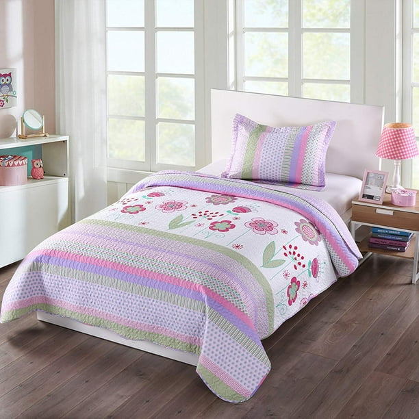 Linen Plus Twin 2pc Bedspread Set for Girls/Teens Flowers Lavender Green Purple New 